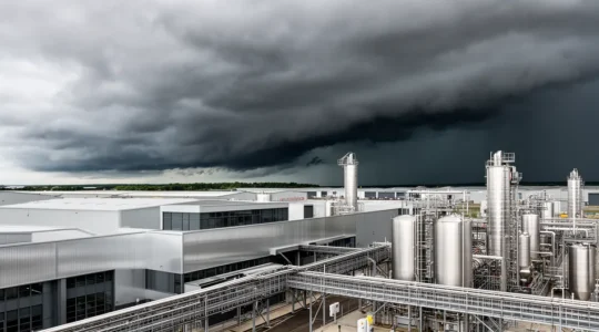 Manufacturing facility with approaching storm clouds demonstrating lightning risk conditions