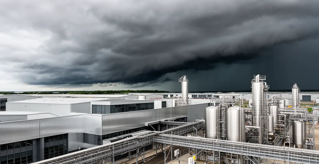 Manufacturing facility with approaching storm clouds demonstrating lightning risk conditions