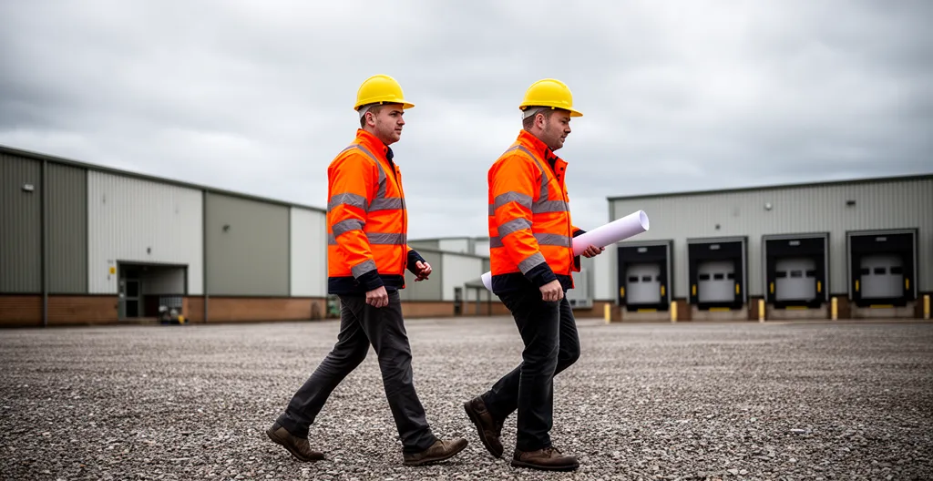 Industrial workers in protective gear responding to weather alert in manufacturing yard