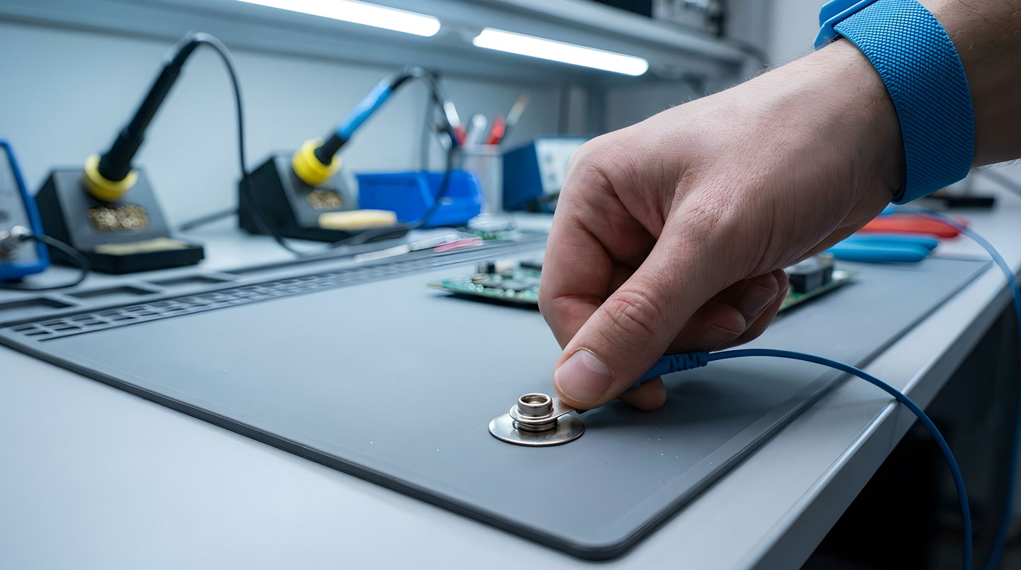 Electronics technician installing common point grounding system with earth conductors and verification testing equipment in manufacturing facility EPA zone
