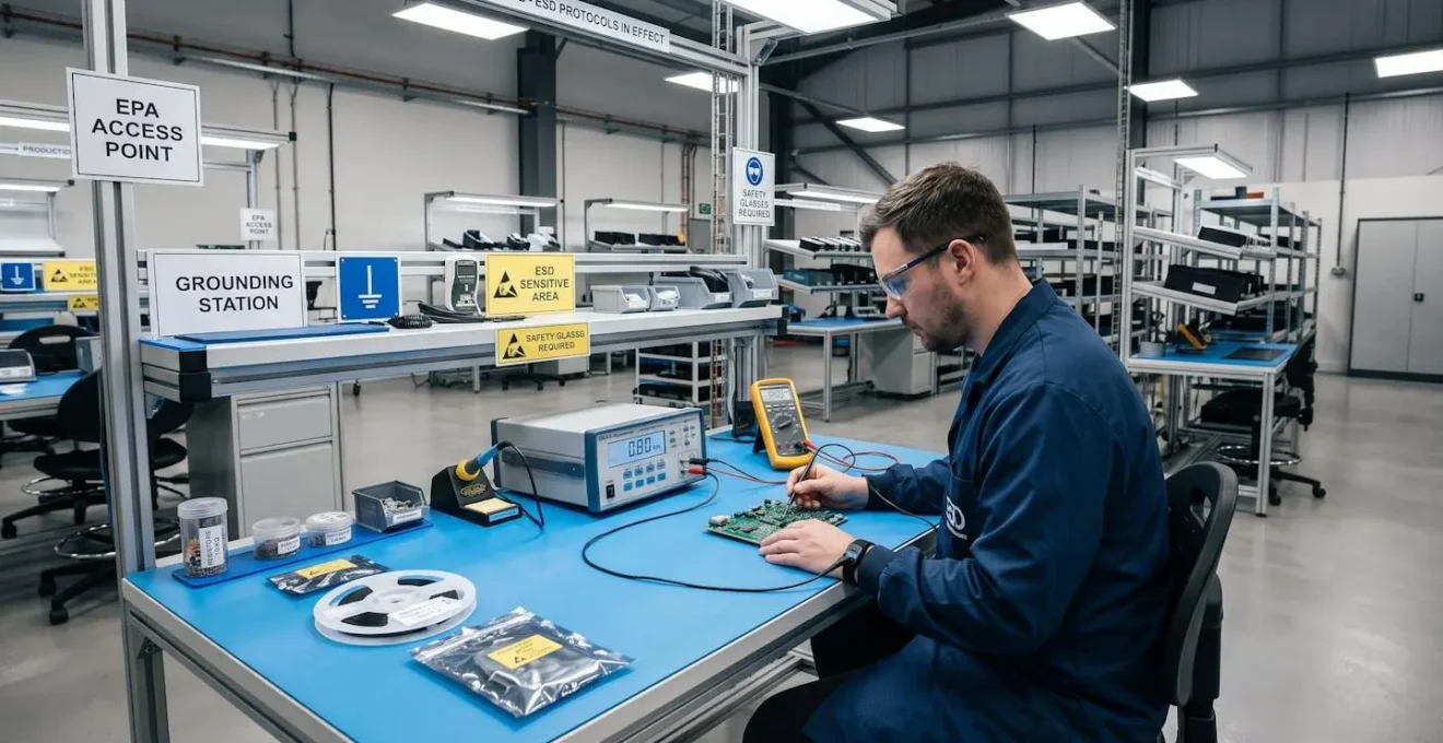 Electronics technician wearing ESD wrist strap conducting verification testing at EPA workstation with antistatic mat and grounding equipment in modern manufacturing facility