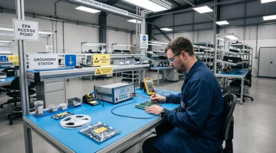 Electronics technician wearing ESD wrist strap conducting verification testing at EPA workstation with antistatic mat and grounding equipment in modern manufacturing facility