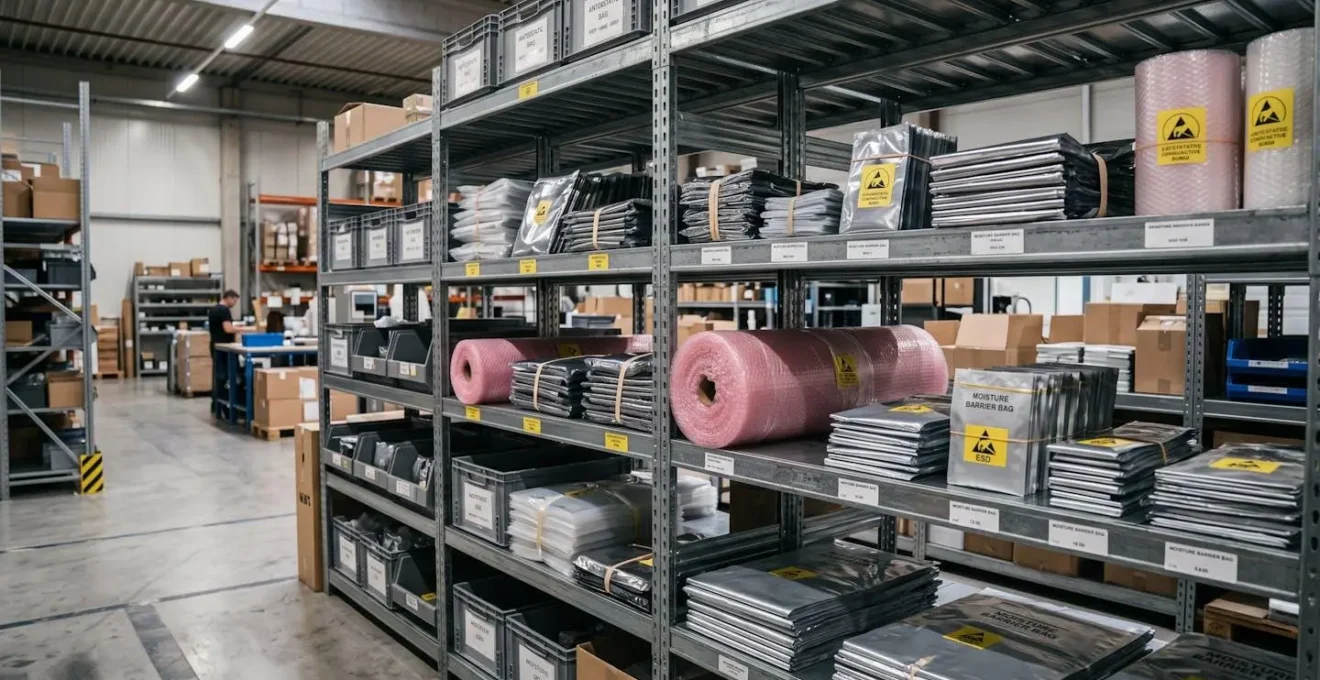 Industrial warehouse shelving displaying organised antistatic packaging materials including shielding bags, conductive bubble wrap, and moisture barrier containers