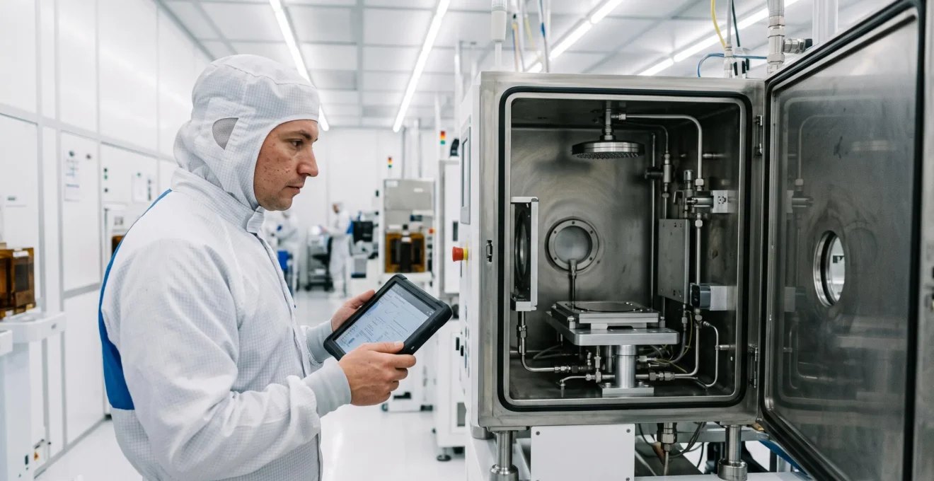 Process engineer in cleanroom suit inspecting an opened semiconductor deposition chamber during maintenance