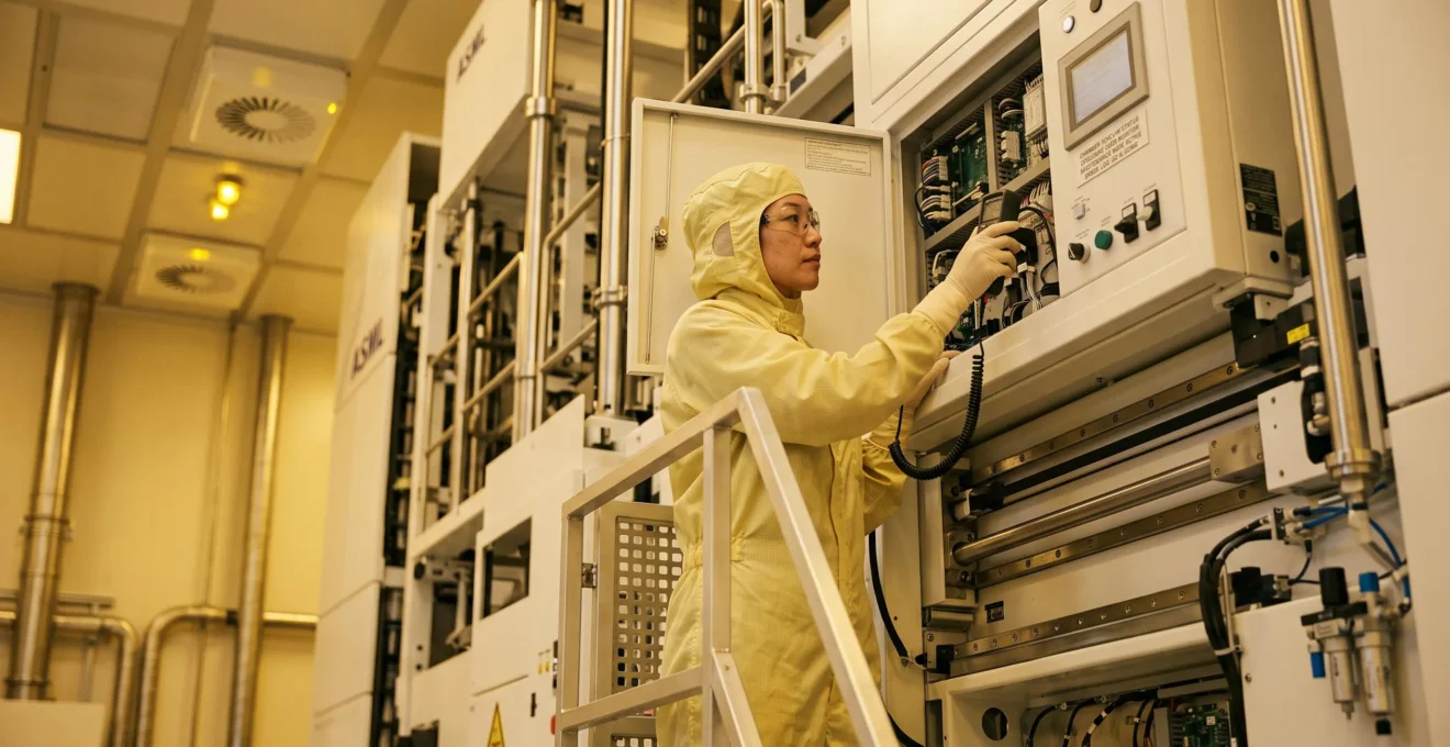 Technician in yellow-light cleanroom environment inspecting a tall semiconductor lithography system
