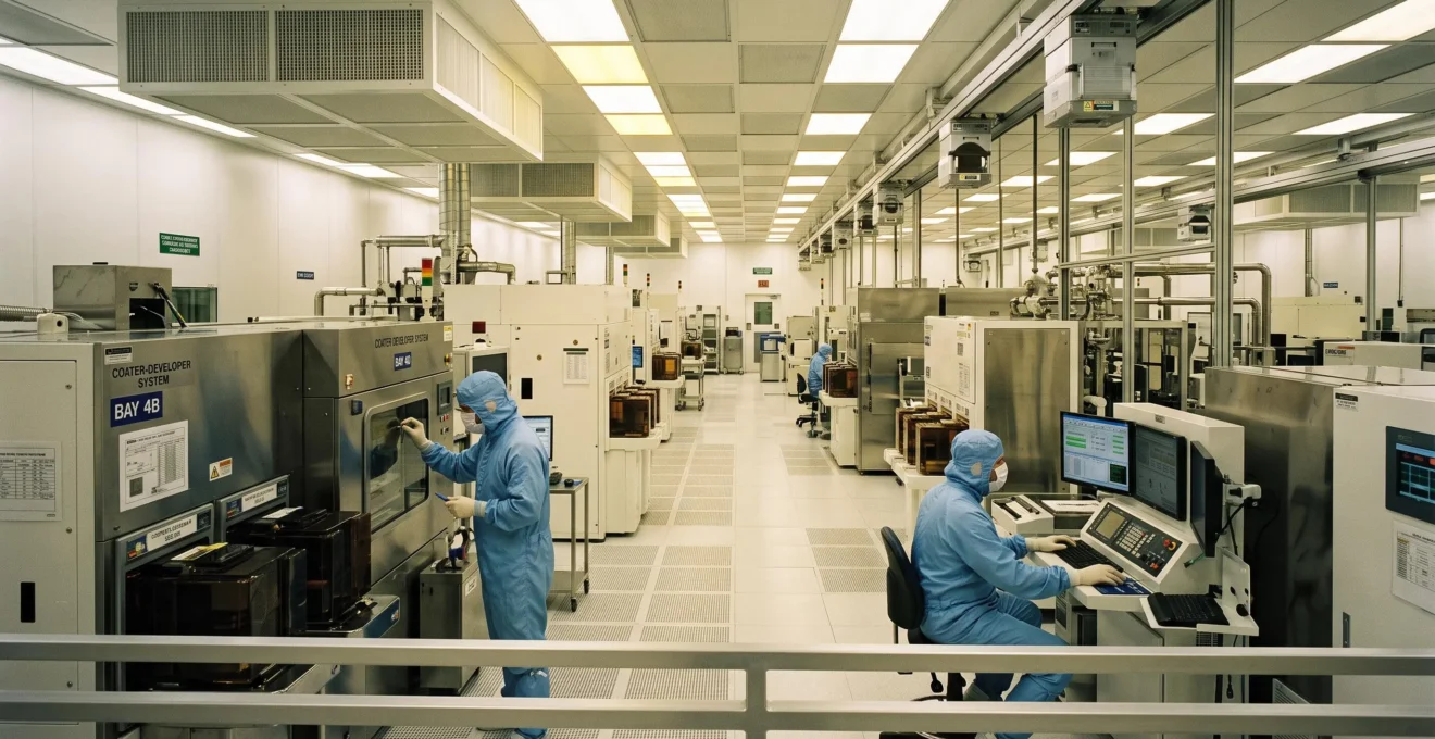 Technicians in cleanroom suits working with semiconductor manufacturing equipment inside a modern fab facility