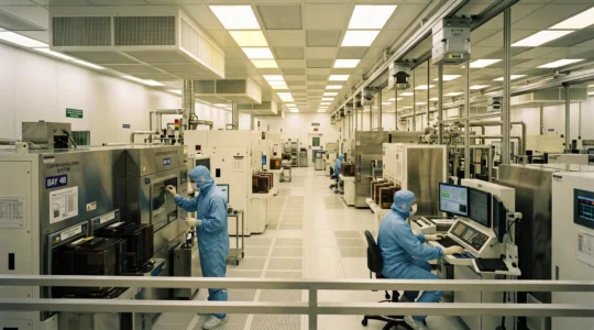 Technicians in cleanroom suits working with semiconductor manufacturing equipment inside a modern fab facility