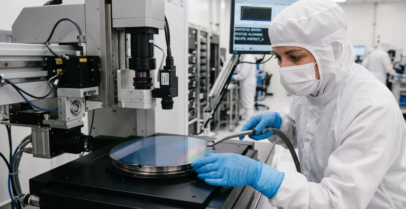 Metrology technician carefully positioning a silicon wafer onto an inspection tool measurement stage in a cleanroom